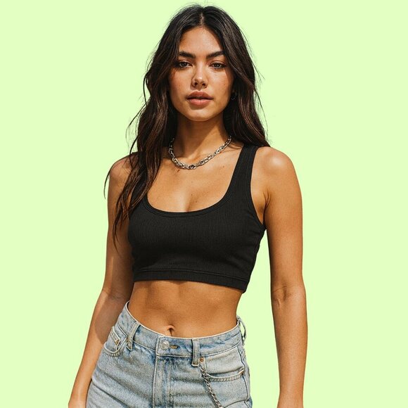 Zara Ribbed Black Cropped Tank – Medium Stretch Scoop Neck Top - Picture 1 of 5